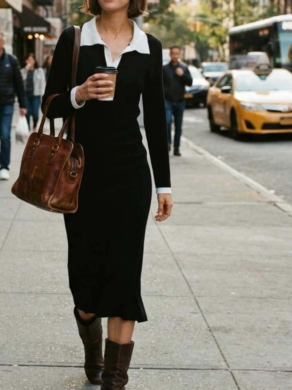 ZESICA Black White Contrast Collar Ribbed Knit Midi Sweater Dress L Bodycon Chic